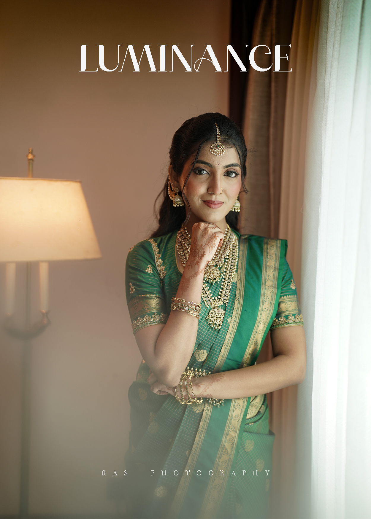 LUMINANCE — Luxury bridal portrait, bride in emerald green silk saree with layered gold jewellery by window light