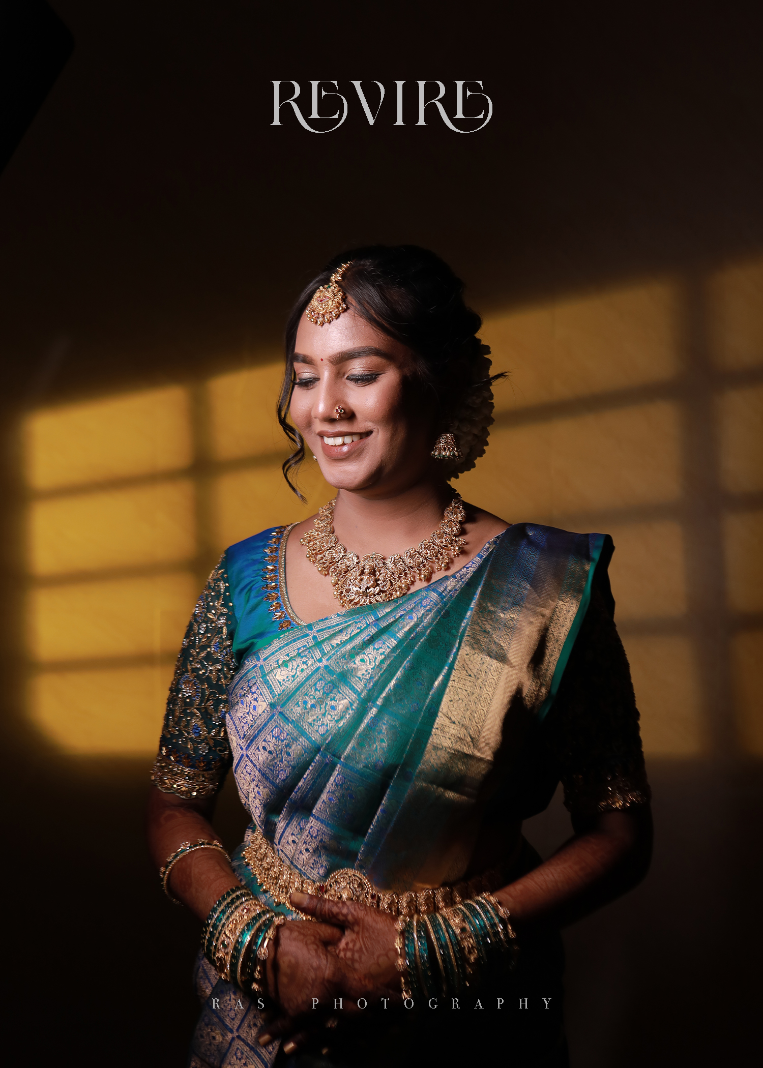 REVIRE — Cinematic bridal editorial, bride in teal Kanjivaram saree with dramatic window light casting shadow geometry